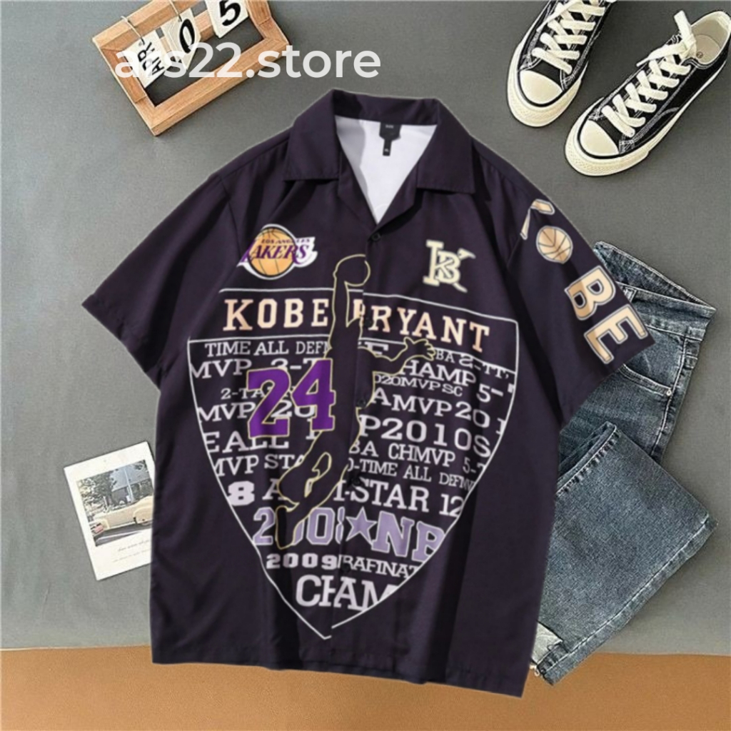 Kemeja Motif Lakers Kobe Bryant Hitam Gaya Sporty Pria Wanita Lengan Pendek Kemeja Motif Cowok Cewek