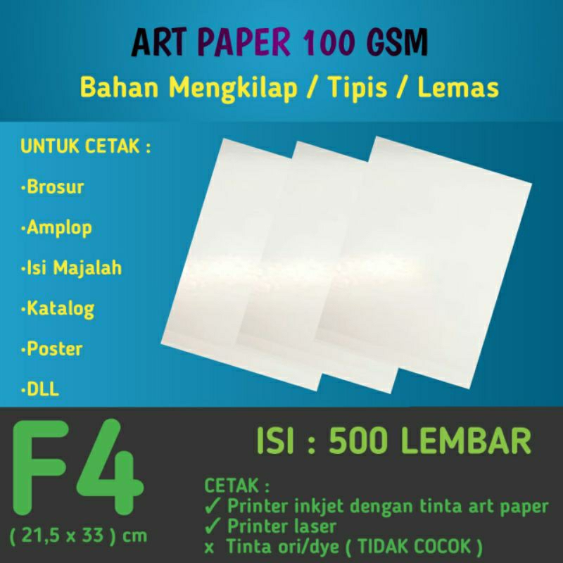 

1 RIM Art Paper 100 GSM F4 / Kertas Bahan Brosur Glossy Mengkilap Tipis 100 gram Folio isi 500 Lembar