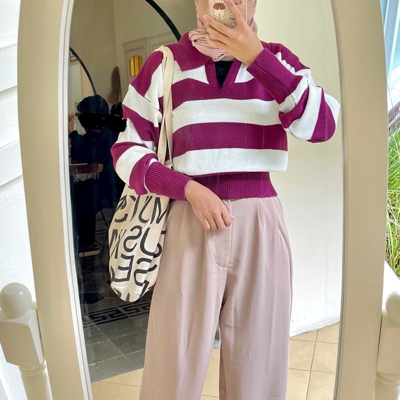 SWEATER RAJUT VALENCIA /SWEATER BLASTER WANITA KOREA CROP/ATASANPOLLETRAJUT-Magenta
