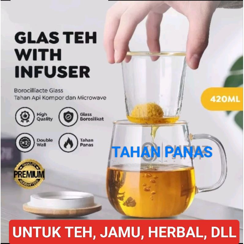 Gelas Kaca Mug Saringan Teh Infuser Jamu Teh Herbal Tutup Seduh Tea Tahan panas Tahan Api Kompor