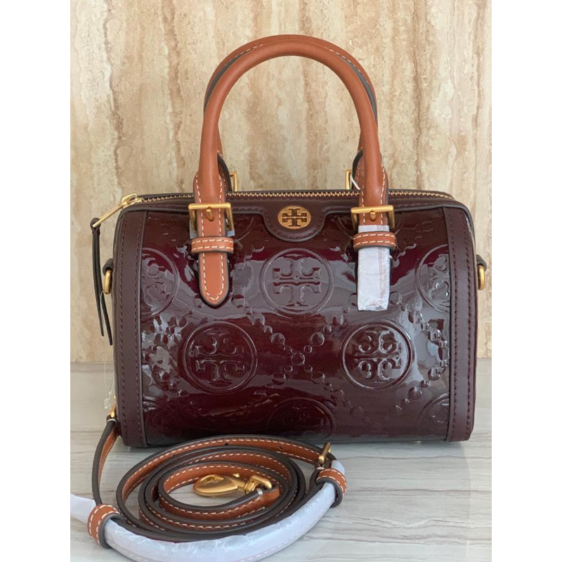 Tory Burch T Monogram Patent Leather Embossed Mini Barrel Bag