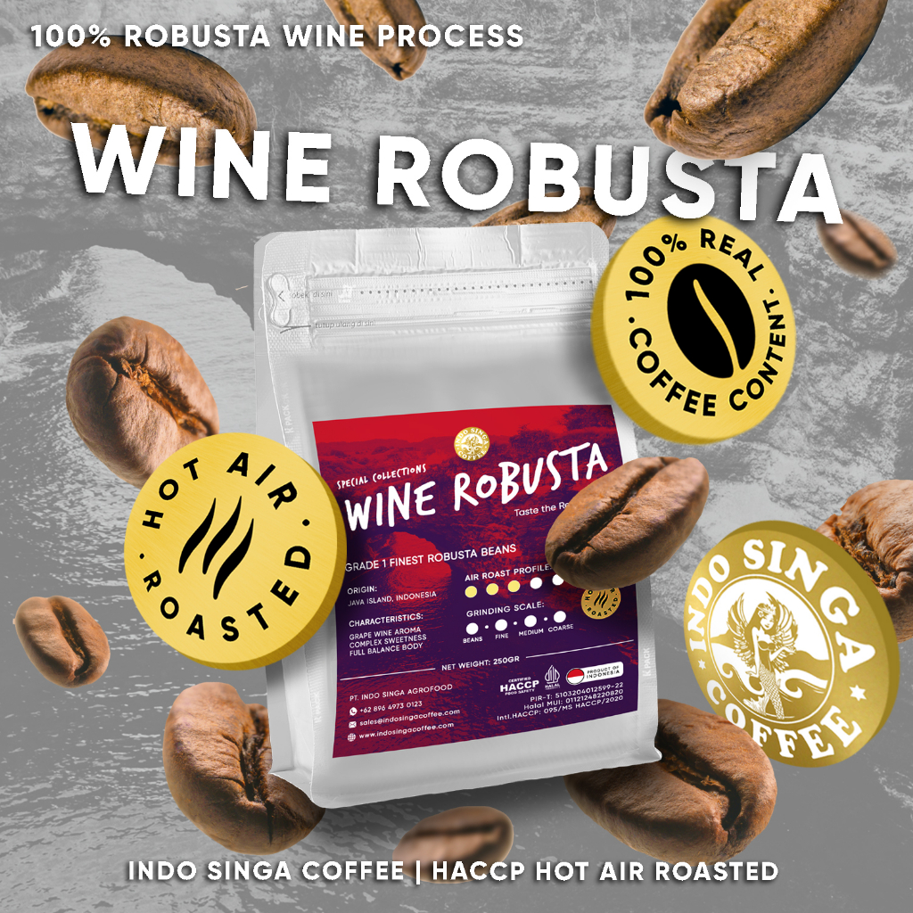 

Kopi Indo Singa Hot Air Roast WINE Robusta NON-ALCOHOL | Aroma Anggur Grape | Red Wine TANPA ALKOHOL