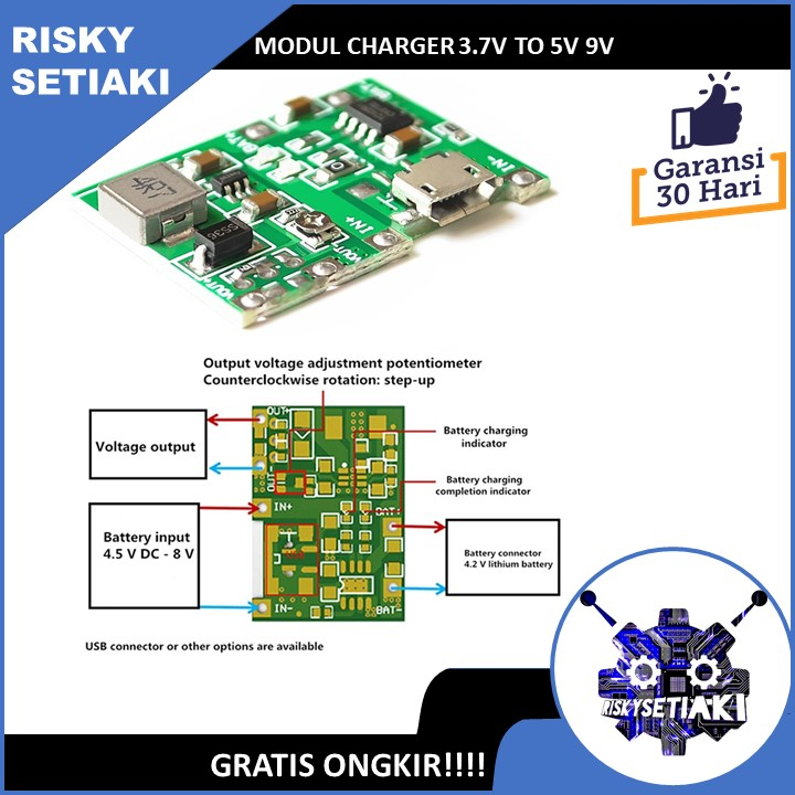 MODUL CHARGER 3.7V TO 5V 9V LITHIUM BATERAI