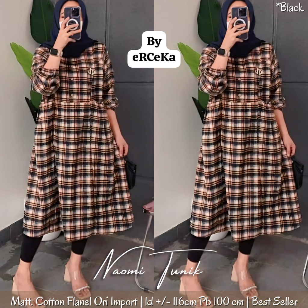 naomi tunik tunic baju pakaian atasan dress dres panjang selutut katun flanel motif kotak jumbo ld 1