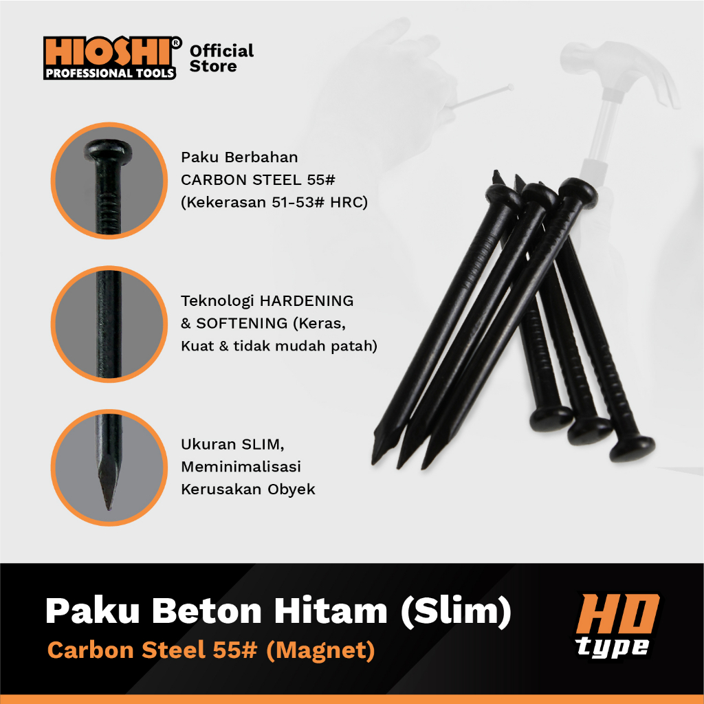 HIOSHI /500gram/Paku Beton/HITAM/Baja/Tembok/ 20 25 30 40 50 63 70 100 125mm (Slim / Kurus) - HD