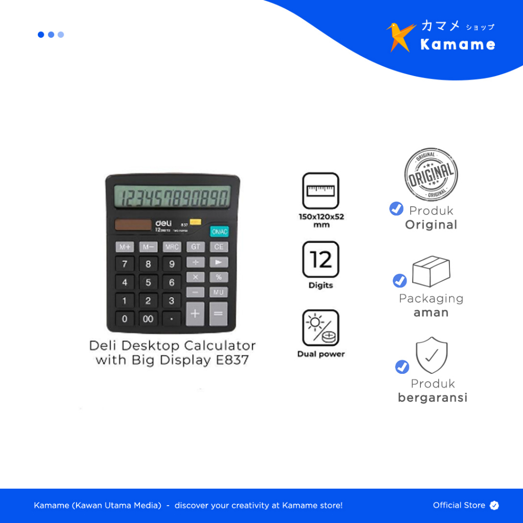 

Deli Desktop Calculator - Big Display 12 Digit Black E837 Kamame