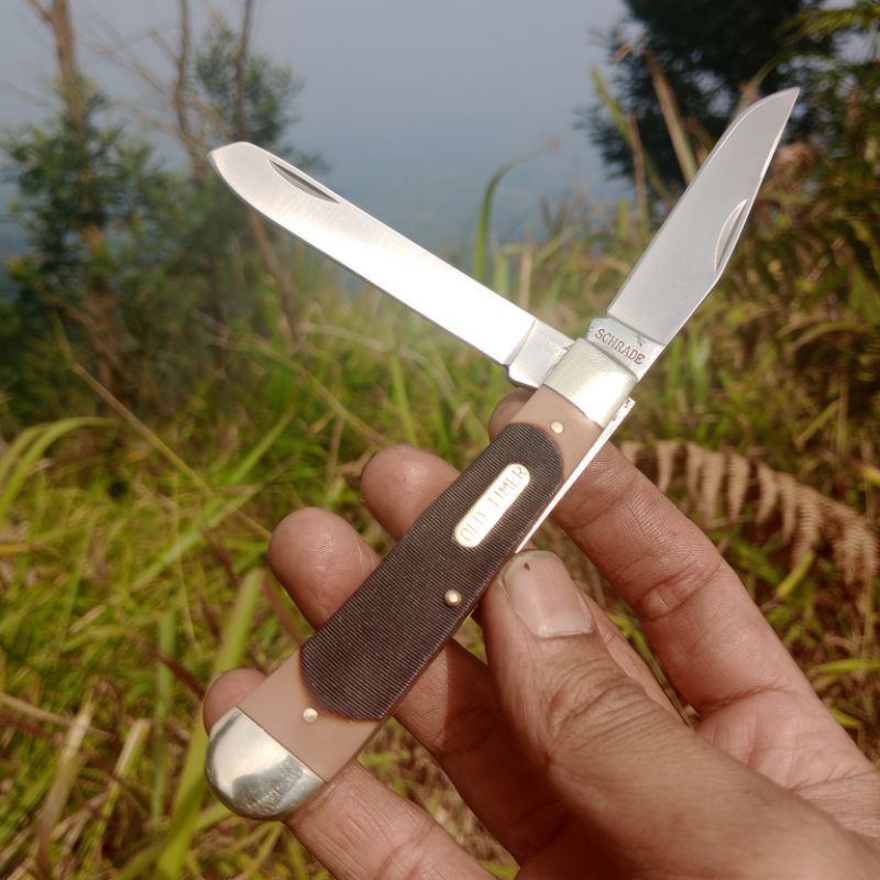 SCHRADE OLDTIMER 950T 95OT Large Gunstock Trapper 2 blade knife Sawcut pisau lipat dobel bilah panja