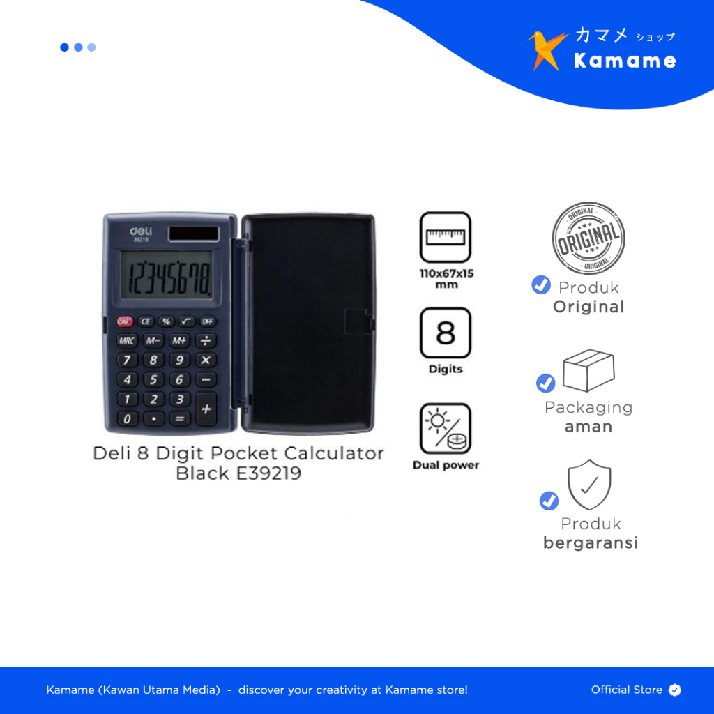 

Deli Portable Calculator - Saku Pocket 8 Digit Cover Black 39219 - Kamame