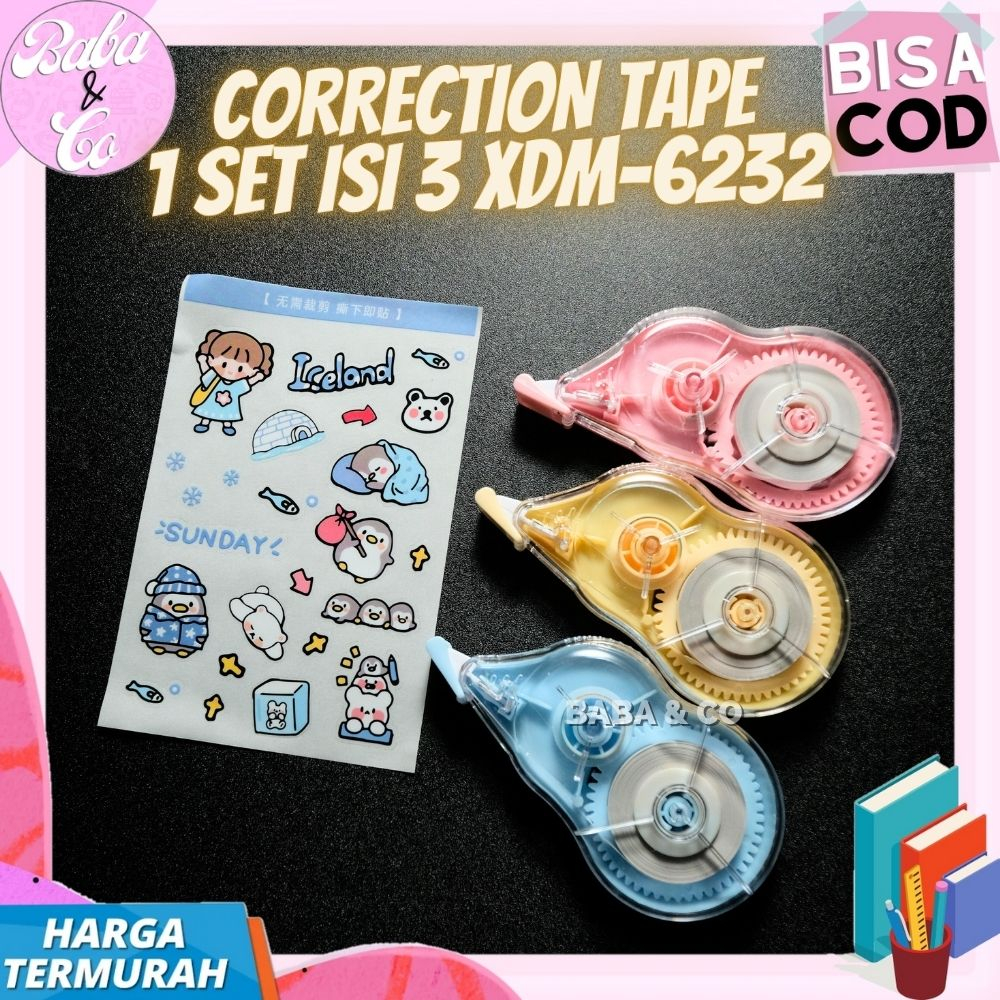 

CORRECTION TAPE 1 SET 3pcs XDM-6232 TIP EX KERING MOMO STIKER LUCU COD CORRECTION TAPE SET 3 PCS STIKER MOMO XDM 6232 PANJANG 108 METER