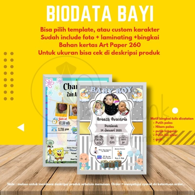 BINGKAI KACA + DESIGN + CETAK + LAMINASI BIODATA BABY / BAYI UKURAN 8R, 8RW