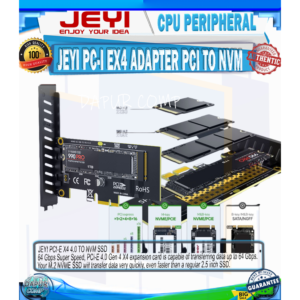 JEYI PCIE ADAPTER TO M.2 NVME PCIE 4.0 3.0 SSD PCIe  X1 / X4