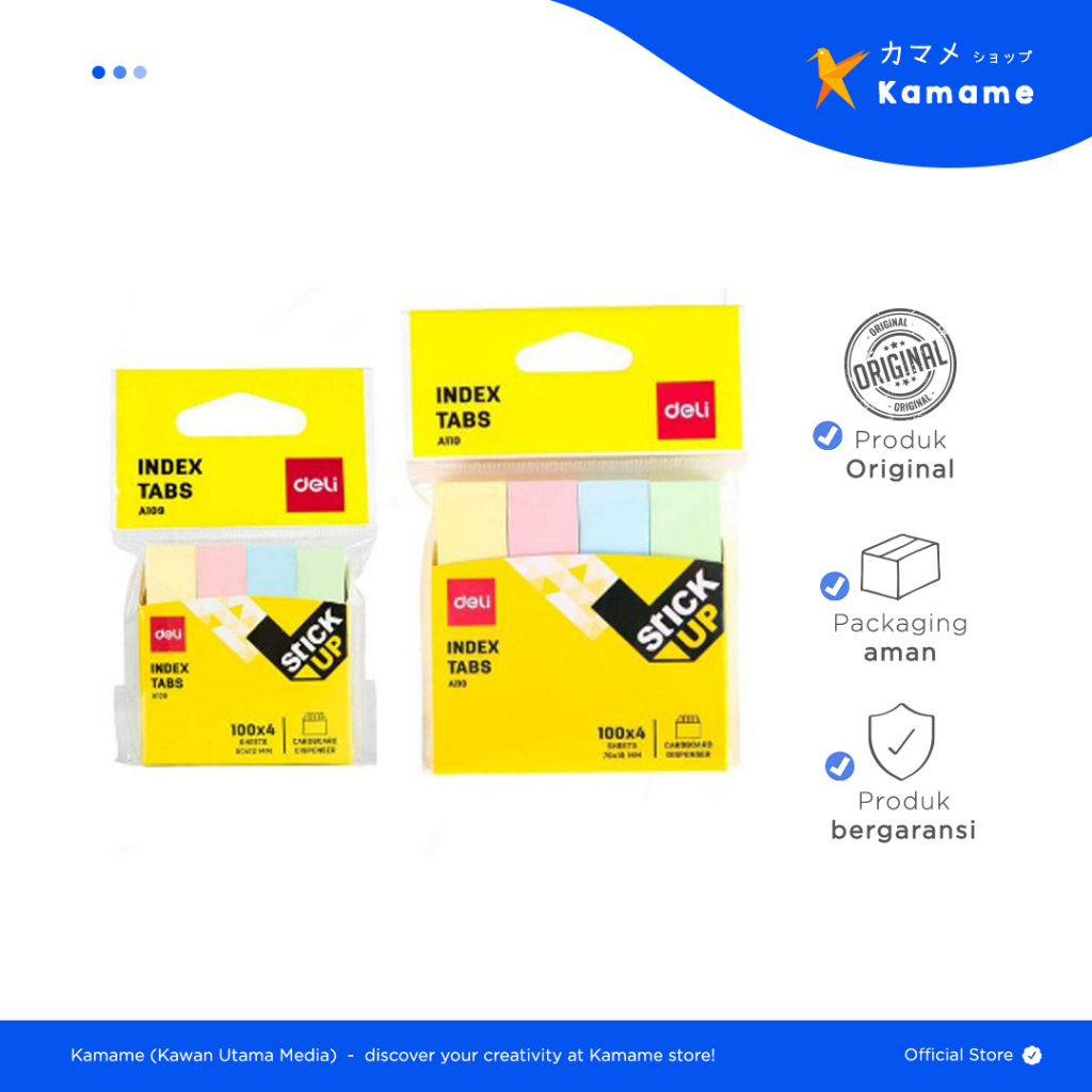 

Deli Index Tabs - 4x100 Lembar Ukuran 76×19mm/50x12mm A110,A109 - Kamame