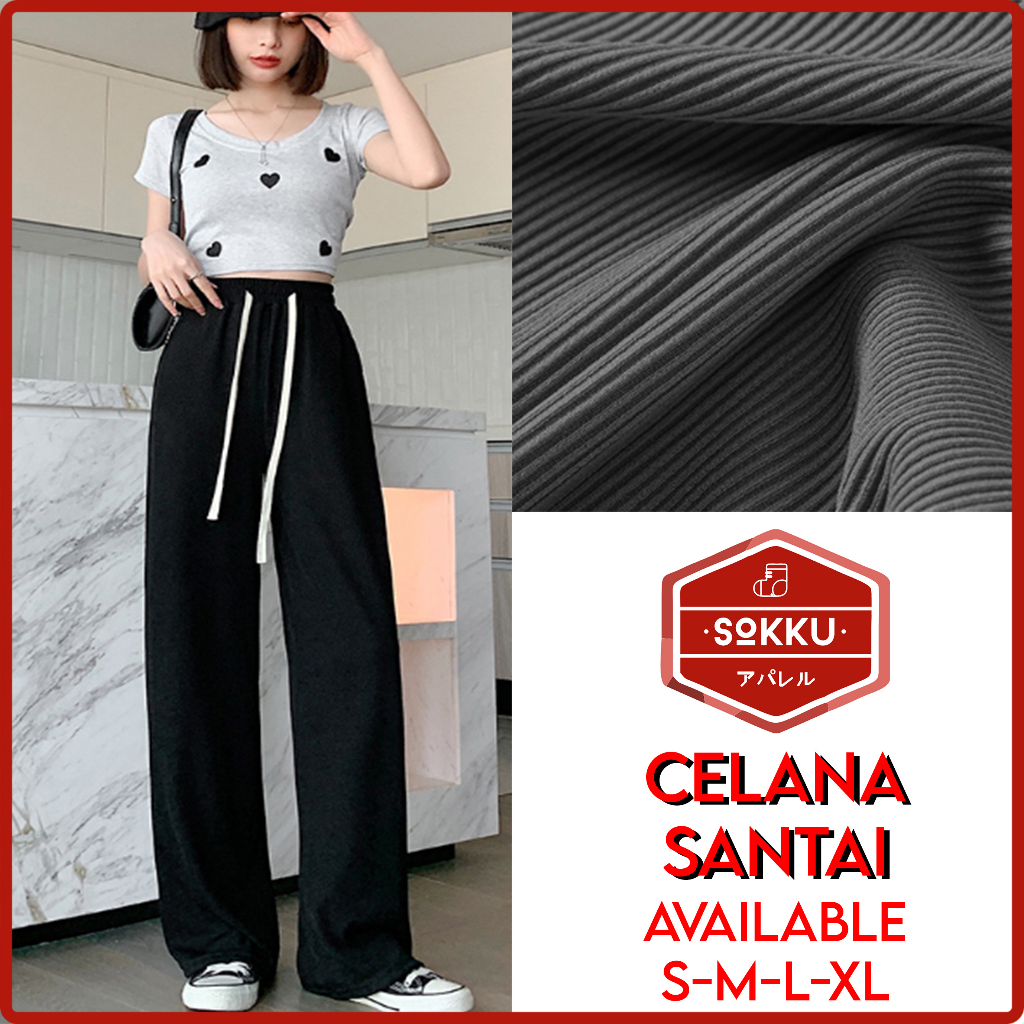 Celana Panjang Santai Wanita Long Pants Polos Pinggang Karet All Size