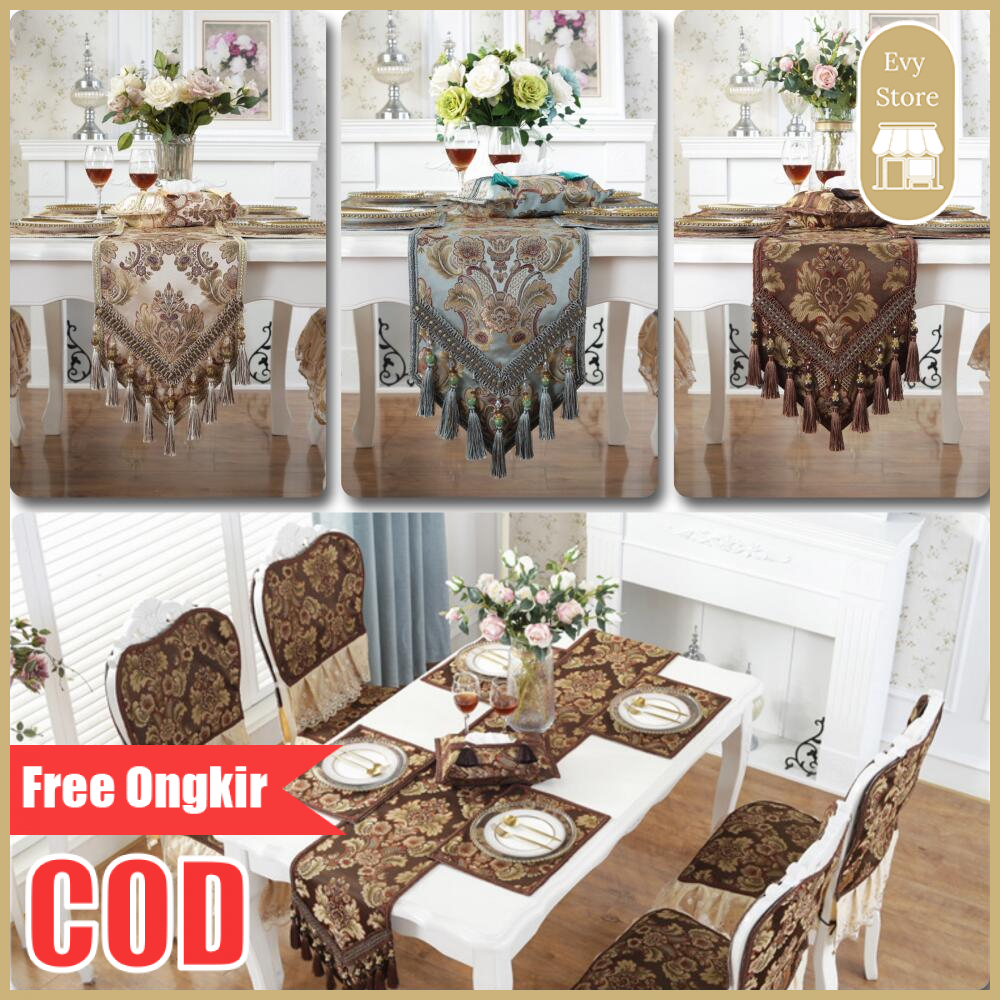 Evy Store COD Taplak Meja Tamu Tebal Bordir Timbul Meja Makan Rumbai Belgia Turki Premium | Alas Mej