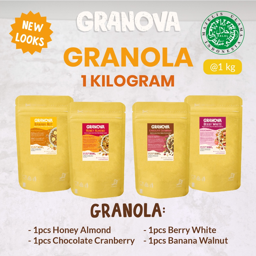 

Granova - Granola 1 kg x 1 pc (Honey Almond, Choco Cranberry, Berry White, Banana Walnut) - Sereal, Sarapan Sehat, Halal