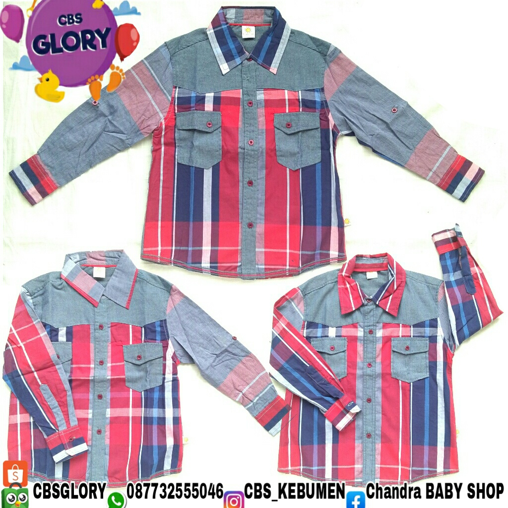 Atasan Baju Cowo kemeja hem anak kotak kotak lengan panjang bahan katun
