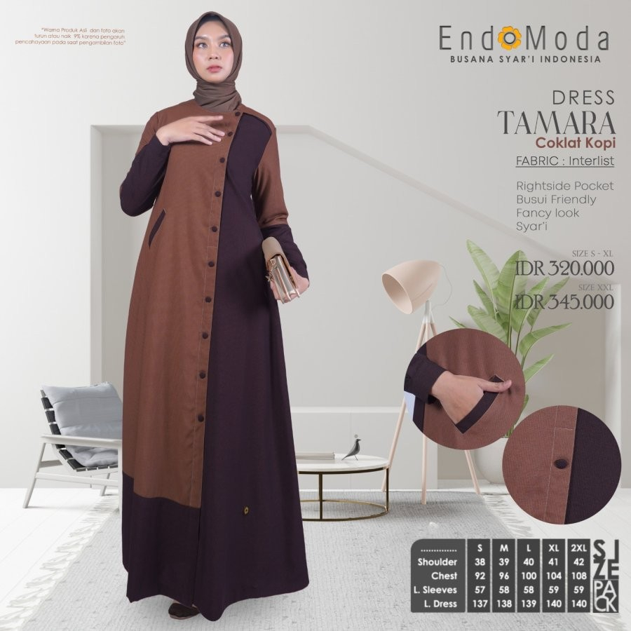 Endomoda-Dress Tamara Coklat Kopi-Green-Navy Interlist Gamis Wanita Dewasa Remaja Muslimah Akhwat Po