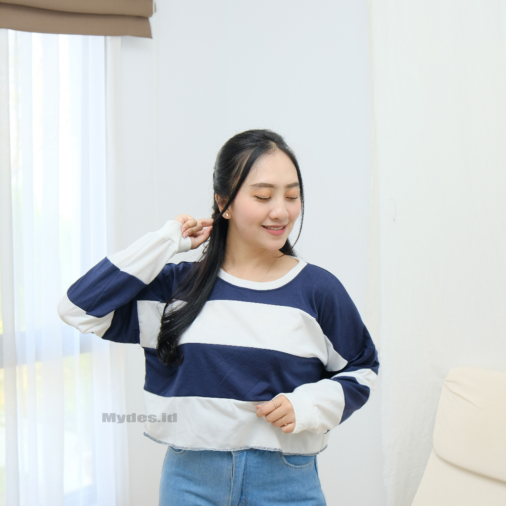 Sweater Strip Oversize Crop top Sweater Strip Wanita - Kaos wanita model Strip crop Top mix warna