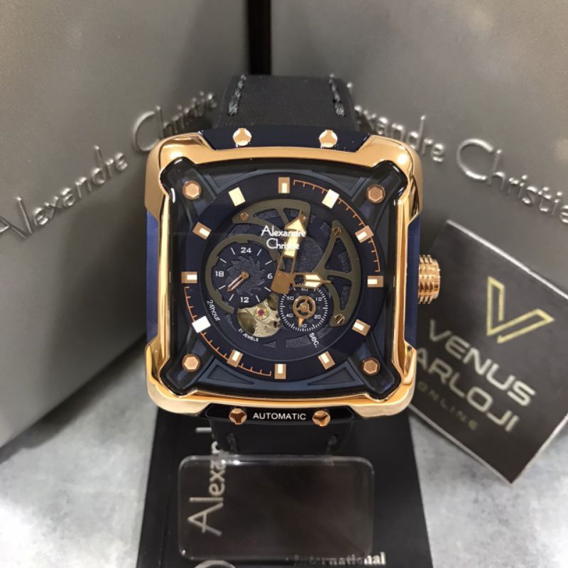 Jam Alexandre Christie AC 3039 MA LUR Pria Biru Rosegold Kulit Hitam Segi Automatic