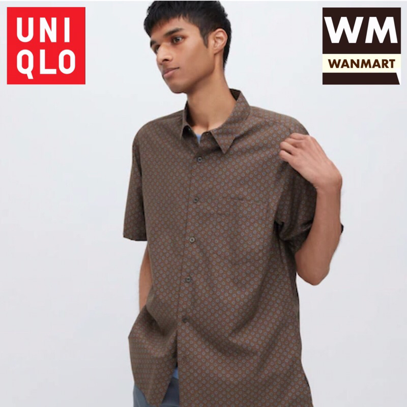 UNIQLO Men Shirt Kemeja Batik Motif Pria Lengan Pendek Brown