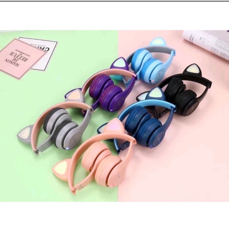 Headphone Bando P47M Bluetooth Cat Ears Wireless Headset RGB LED