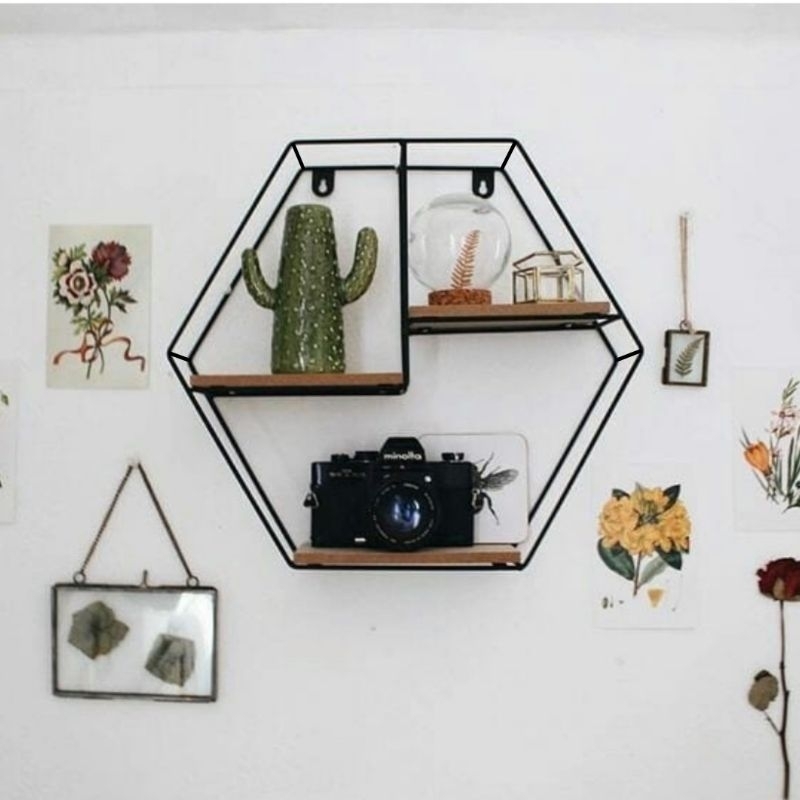 rak dinding hexagonal dekorasi dinding rak hexagonal besi hitam minimalis modern high quality