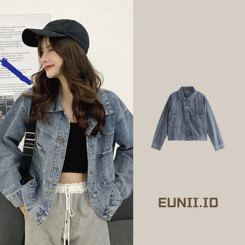 EUNII Korean Style Jaket Denim Wanita Lengan Panjang Crop Jacket Atasan Wanita