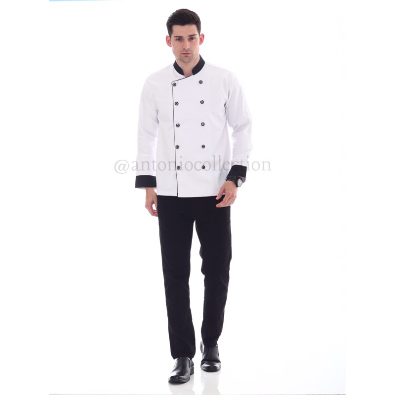 Baju Koki / Chef Jacket Putih Lis Hitam Lengan Panjang