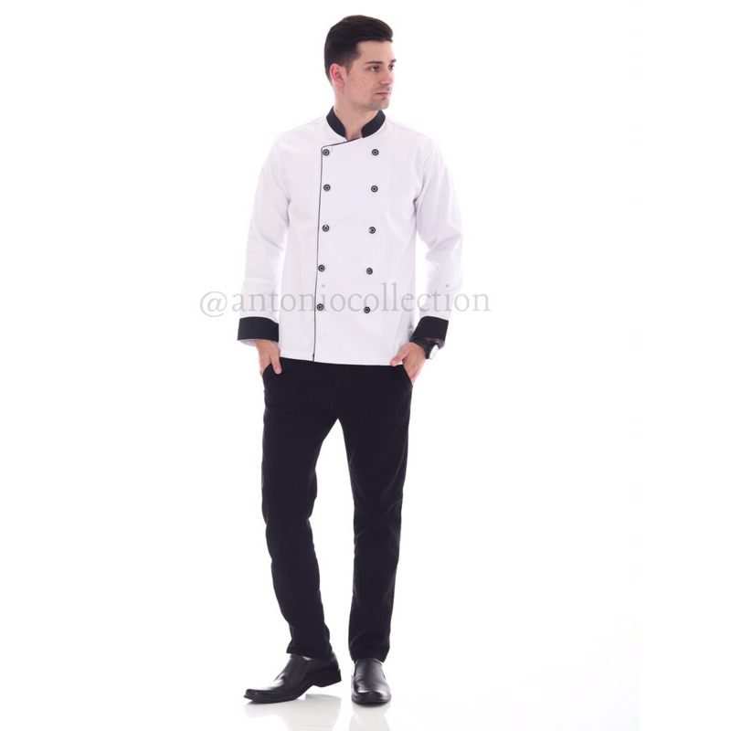 Baju Koki / Chef Jacket Putih Lis Hitam Lengan Panjang