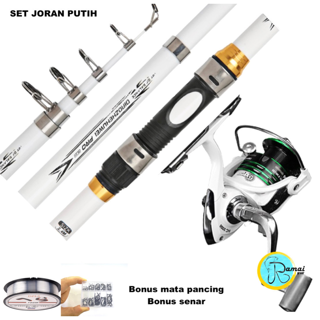 SET JORAN PREMIUM SPINNING WARNA PUTIH REEL BAHAN METAL PUTIH ONE WAY PREMIUM DRAG UP TO 5 KG