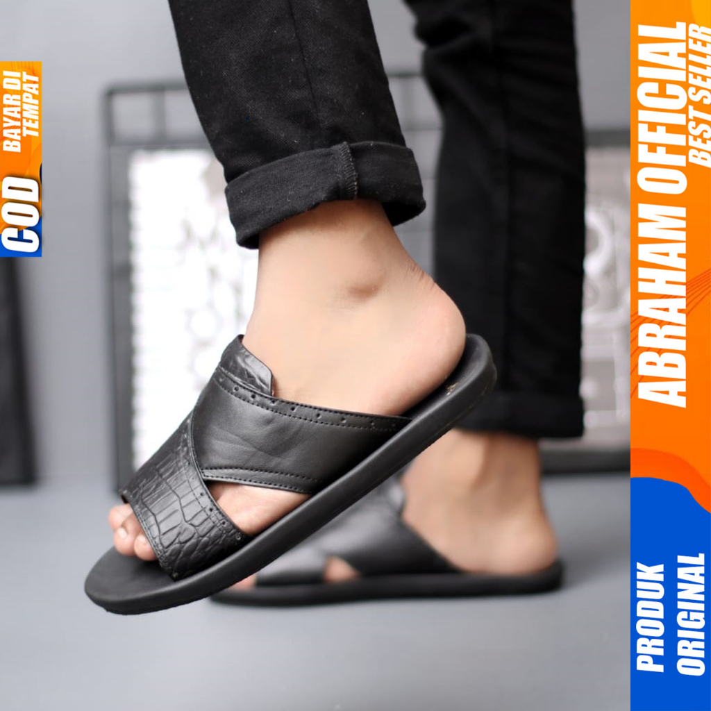 Sandal Slide Pria Kulit Asli Sendal Slop Original Abraham