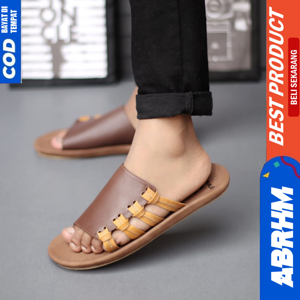 Sandal Slide Pria Kulit Asli Dewasa Sendal Selop Distro Abrhm