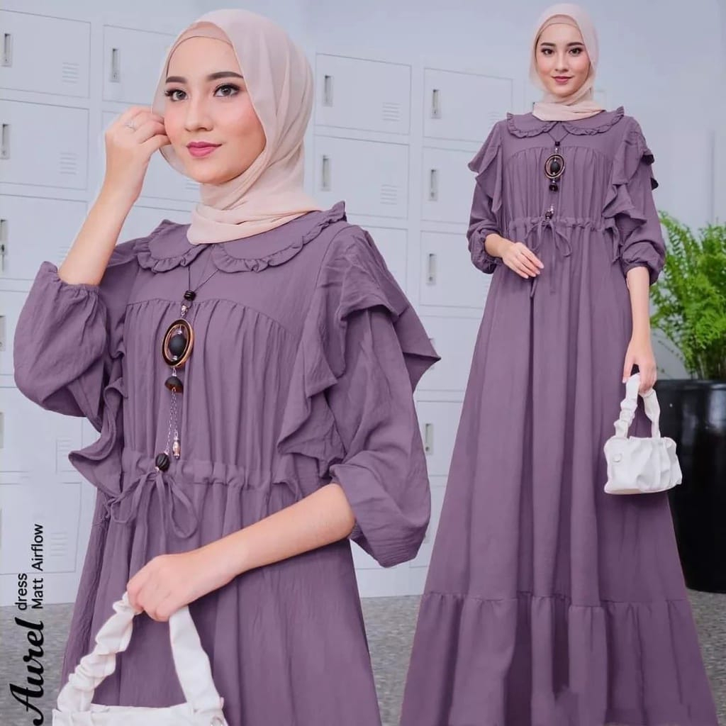 Aurel Dress Maxi Gamis Wanita Terbaru Bahan Cringkle Airflow Gamis Busui Kekinian