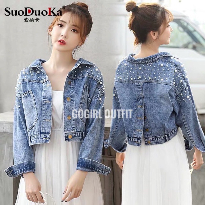 JAKET JEANS SEMI CROP MUTIARA TEMBAK / JAKET KPOP STYLE WANITA / JACKET DENIM FASHION