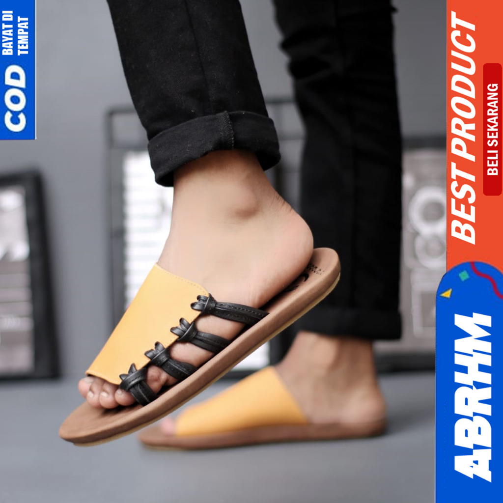 Sandal Slide Pria Sendal Selop Kulit Asli Original Abrhm