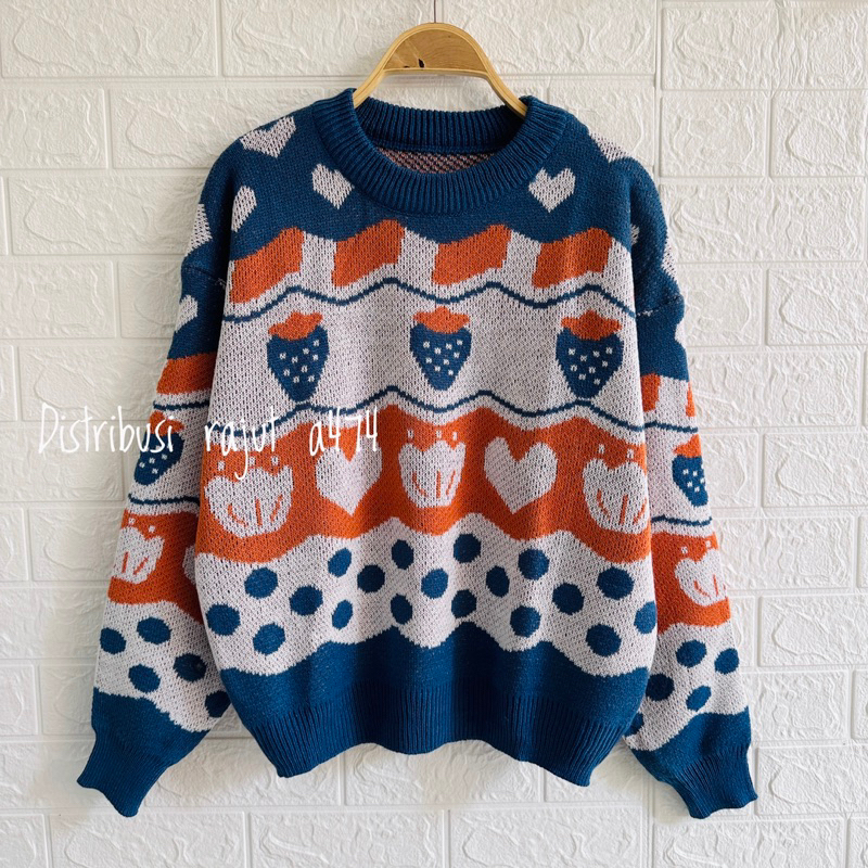 DIST SWEATER RAJUT PREMIUM MOTIF STROBEERY ATASAN WANITA LENGAN PANJANG