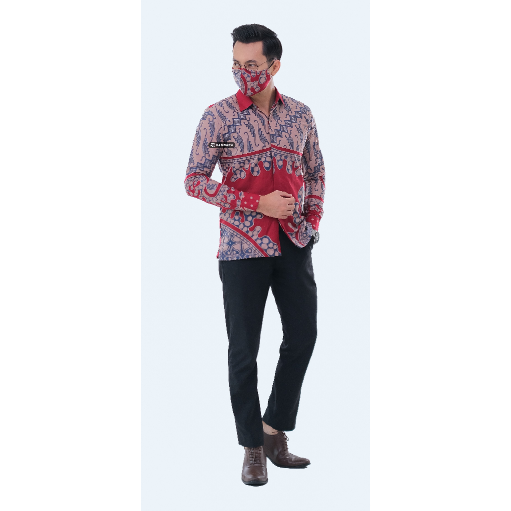 Baju Kemeja Batik Pria Lengan Panjang Slim Fit Premium Modern Full Furing Katun Halus Original Handara Motif Stella Merah Krem HB-286