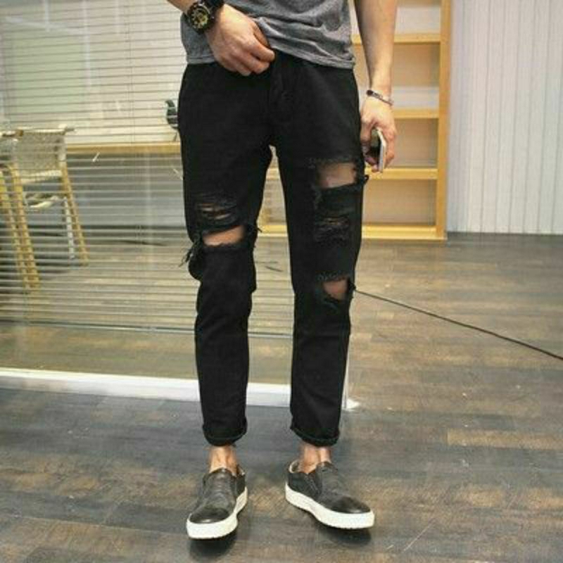 CELANA SOBEK PRIA RIPPED ROBEK REGULER  STANDAR BASIC JINS HITAM 27-38