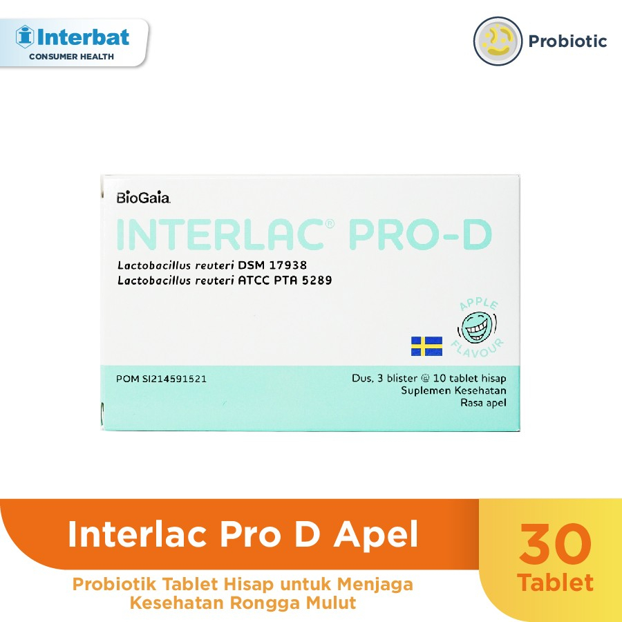 Interlac Pro D Lozenges Tablet Hisap Rasa Apel - 3 blister @ 10 tablet