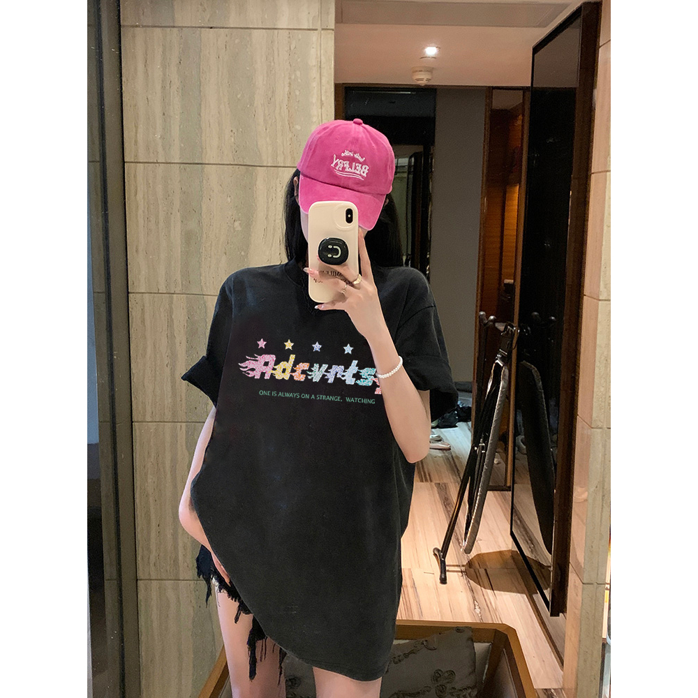 EUNII T-shirt Lengan Pendek Black Washed Color Double Sided Shooting Star Korean Style/Kaos Atasan Wanita/Baju Wanita/Kaos Wanita