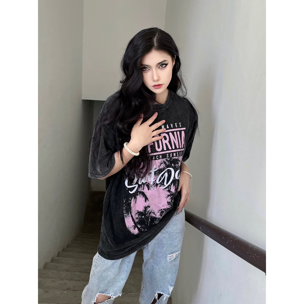 EUNII T-shirt Lengan Pendek Black Washed Retro Pink Shut Day Printing Korean Style/Kaos Atasan Wanita/Baju Wanita/Kaos Wanita