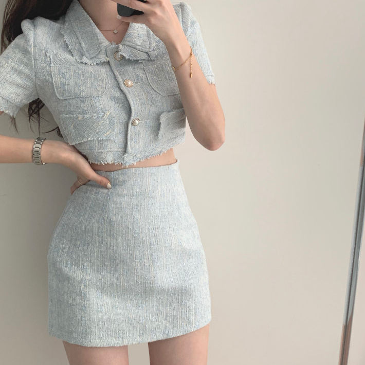 EUNII Setelan Wanita Korean Style Retro Lengan Pendek Crop Jaket Atasan/High Waist A-line Mini Rok Skirt Set