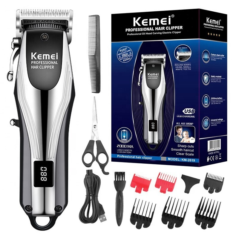 Kemei KM-2619 Alat Cukur Rambut Profesional Tanpa Kabel Rechargeable Adjustable Dengan Layar LCD Kem