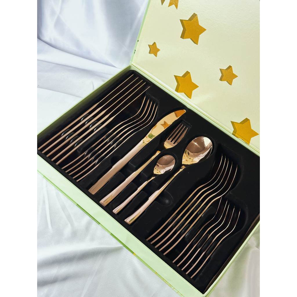 Kingsbakeware SENDOK STAINLESS GOLD SILVER ELEGAN / 6 SET ISI 24 PCS LENGKAP DENGAN RAK STAINLESS