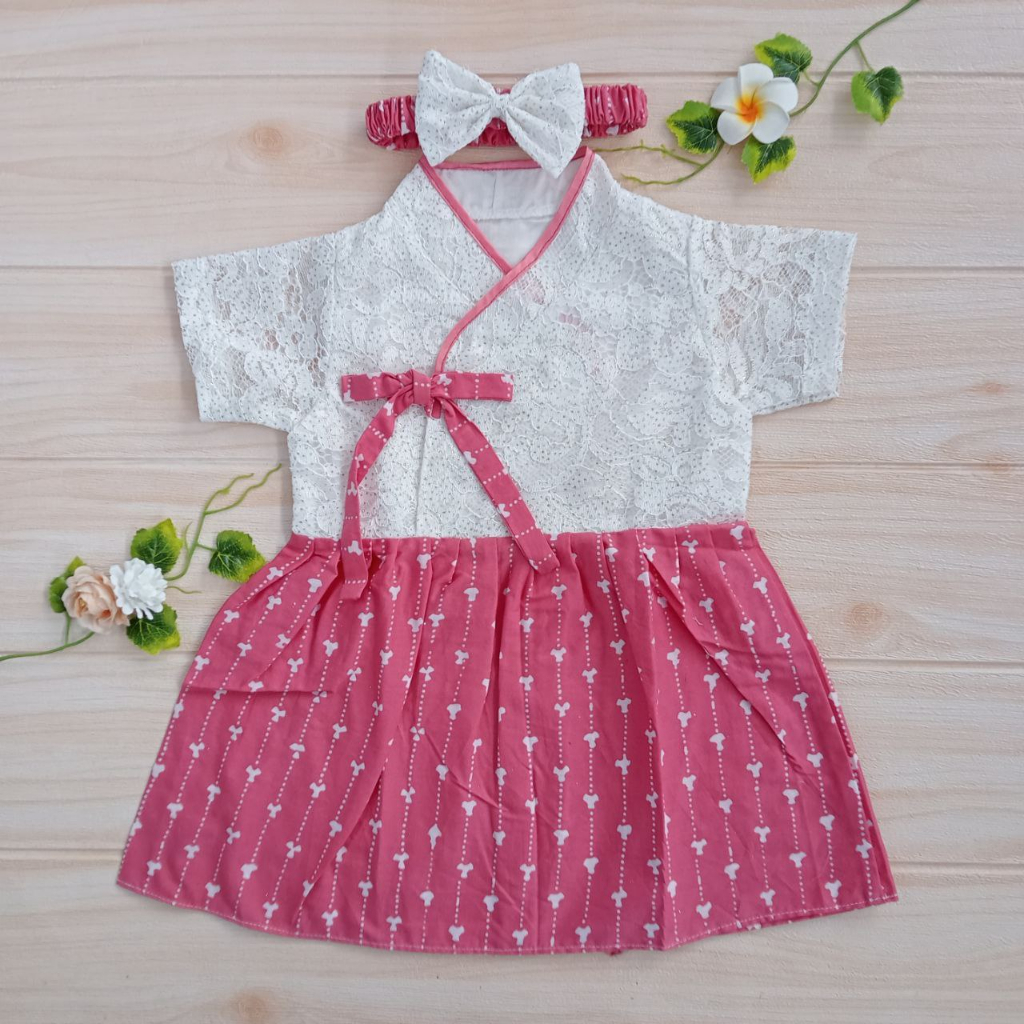 Hanbok Anak / Dress Anak Korean Style / Hanbok Batik / Hanbok Brokat warna Putih Tulang
