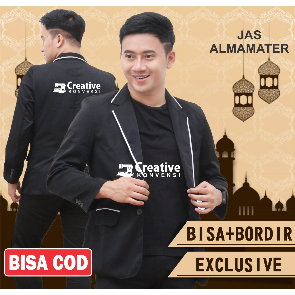 (BISA COD) Jas Almamater hitam variasi lis putih | Full puring | Jas Mahasiswa Bisa tambah bordir Blazer Pria Wanita