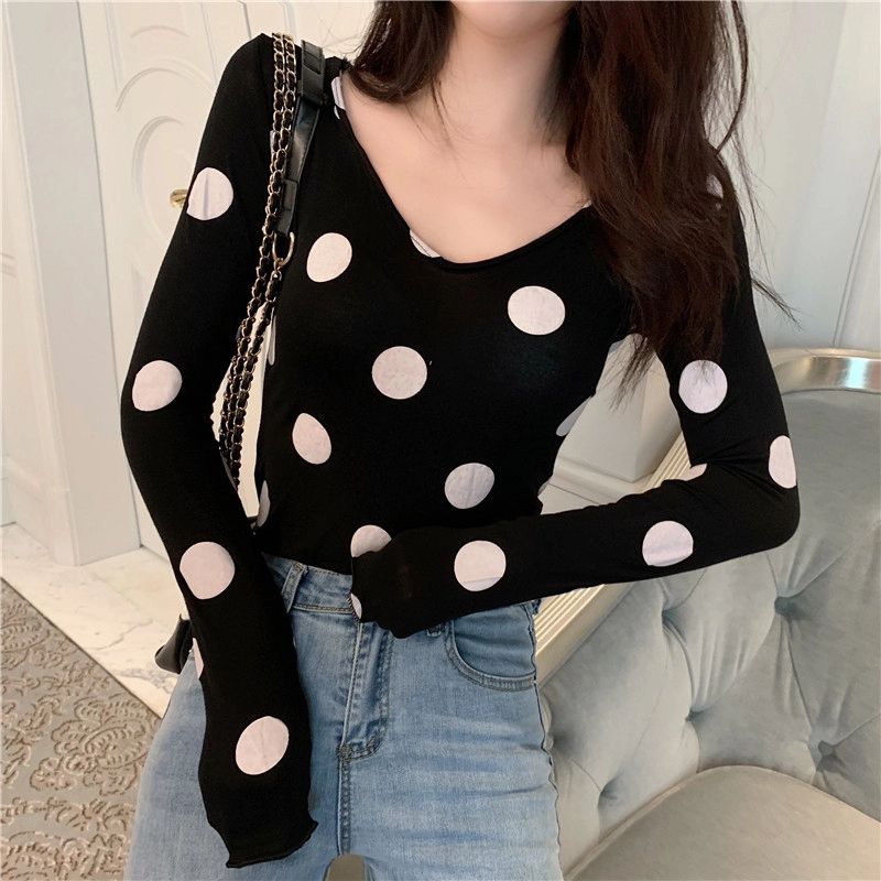 A900 Baju atasan POLKA KNIT VNECK lengan panjang hitam putih Korea Korean style wanita import baju a