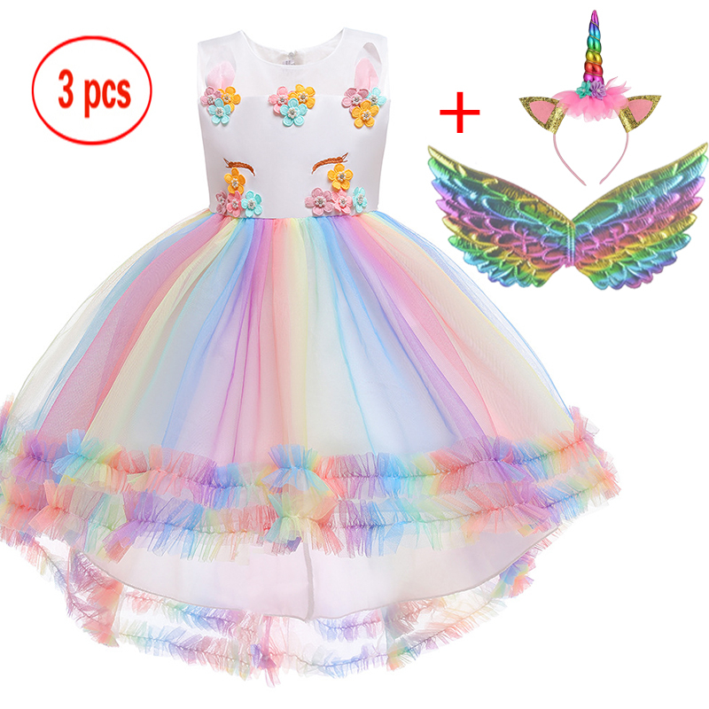 3-12 Tahun Anak Perempuan Ekor Panjang Unicorn Dress + Sayap + Headband 3PCS Set Bunga Pesta Pernikahan Elegan unicorn Kostum