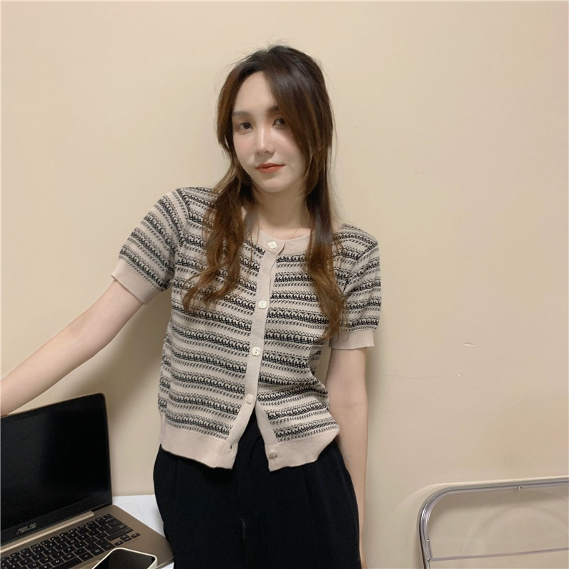 EUNII  Knit Cardigan Wanita Retro Crop Top Kardigan Rajut Stripe Korean Style