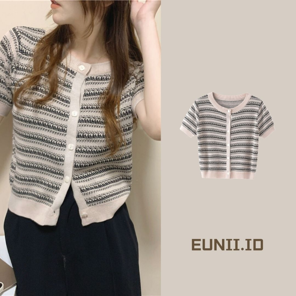 EUNII  Knit Cardigan Wanita Retro Crop Top Kardigan Rajut Stripe Korean Style